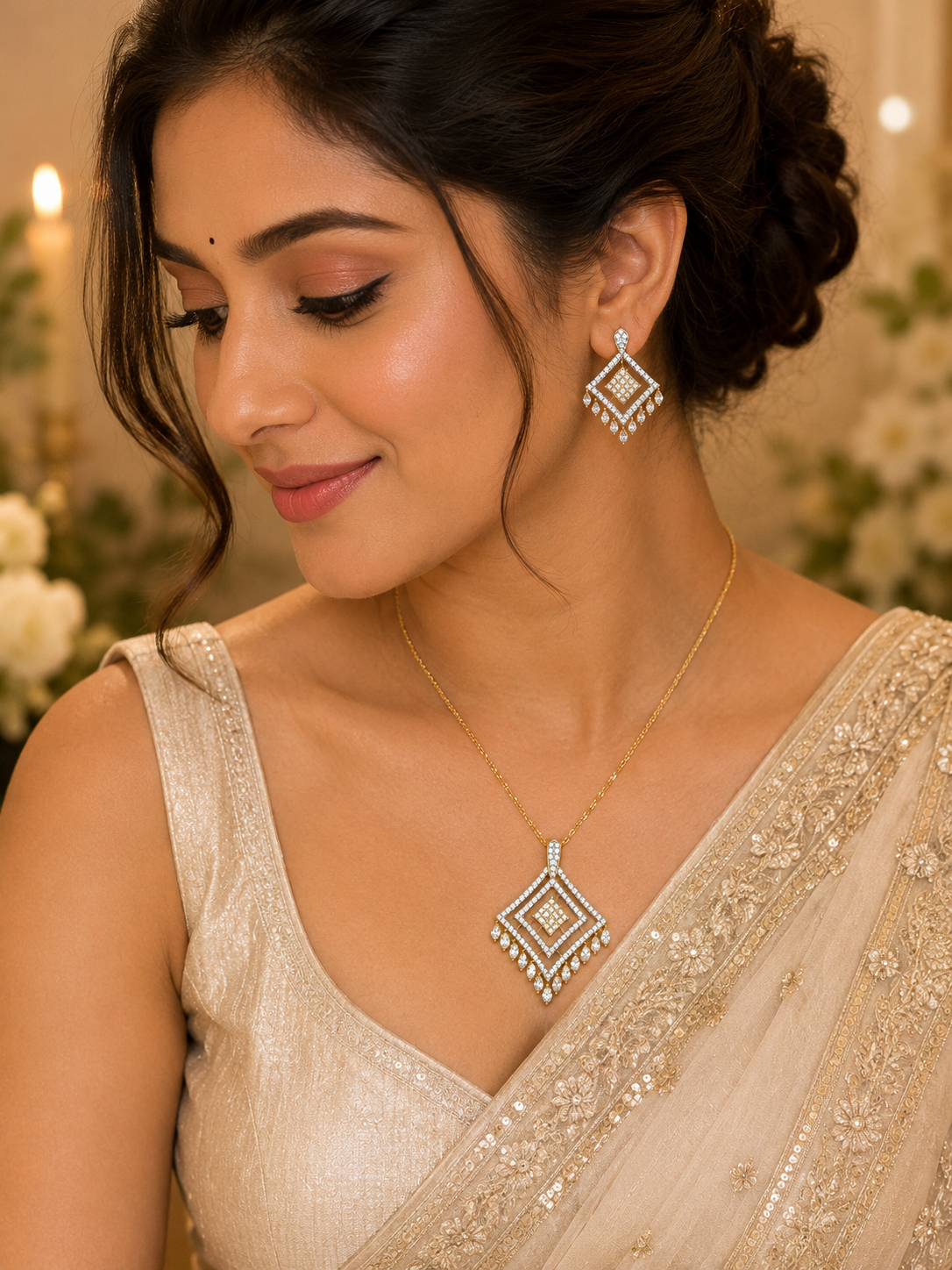 Elegant Gold-Tone Geometric Crystal Pendant & Earrings Set with Dangling Teardrop Stones - Image 2