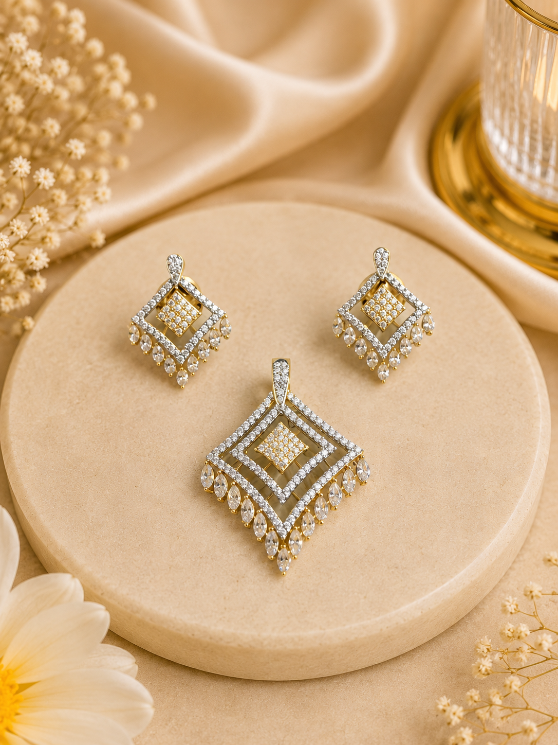 Elegant Gold-Tone Geometric Crystal Pendant & Earrings Set with Dangling Teardrop Stones