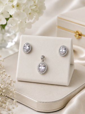 Elegant Silver-Tone Oval Crystal Pendant & Stud Earrings Set