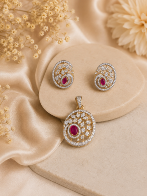 Elegant Gold-Tone Ruby Pink Floral Crystal Pendant & Stud Earrings Set