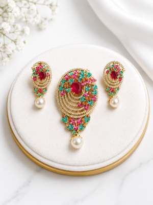 Royal Gold-Tone Floral Pendant & Earrings Set with Ruby Red, Pink, Turquoise Stones and Pearl Drops