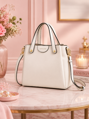 Elegant Ivory Structured Tote Handbag with Detachable Shoulder Strap for Women