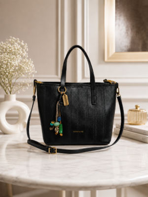 Premium Black Textured Tote Handbag with Detachable Shoulder Strap for Women
