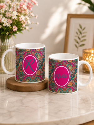 Personalized Paisley Design Ceramic Mug with Custom Name & Initial | Multicolor Printed Coffee Mug