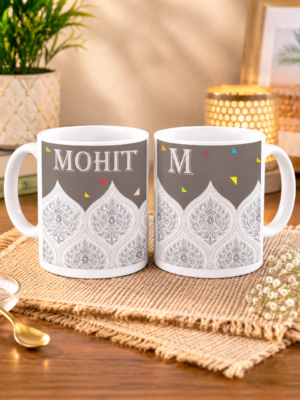 Personalized Grey Mandala Ceramic Mug with Custom Name & Initial | Premium Printed Coffee Mug