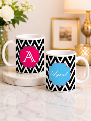 Personalized Black & White Chevron Ceramic Mug with Custom Name & Initial | Premium Printed Coffee Mug