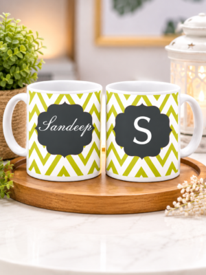 Personalized Lime Green Chevron Ceramic Mug with Custom Name & Initial | Premium Printed Coffee Mug