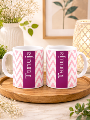 Personalized Pink Chevron Ceramic Mug with Vertical Name Print | Custom Coffee Mug
