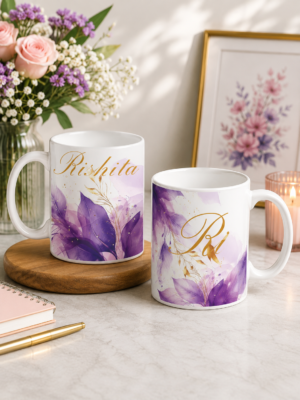 Personalized Purple Watercolor Floral Ceramic Mug with Custom Name & Initial | Premium Coffee Mug