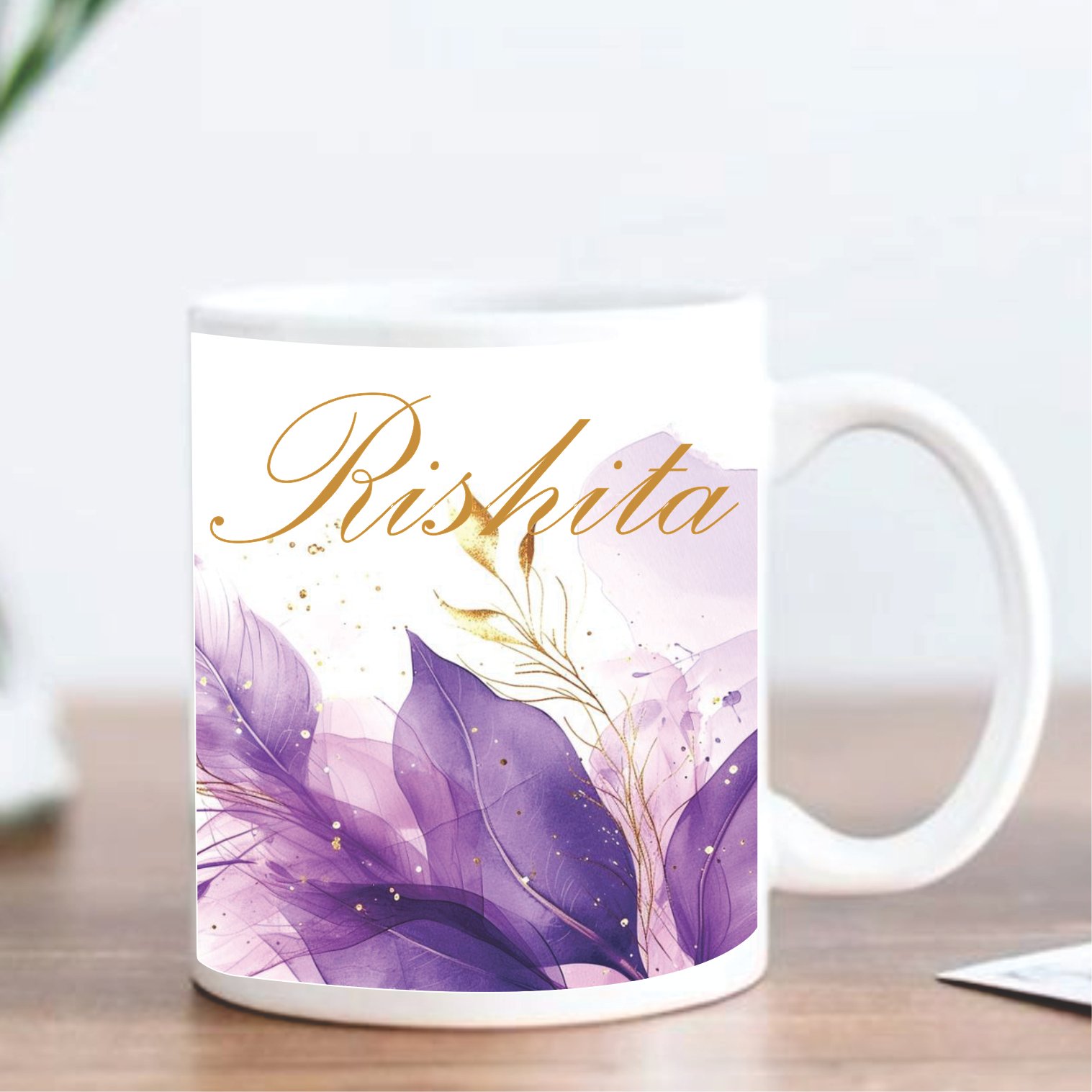 Personalized Purple Watercolor Floral Ceramic Mug with Custom Name & Initial | Premium Coffee Mug - Image 2