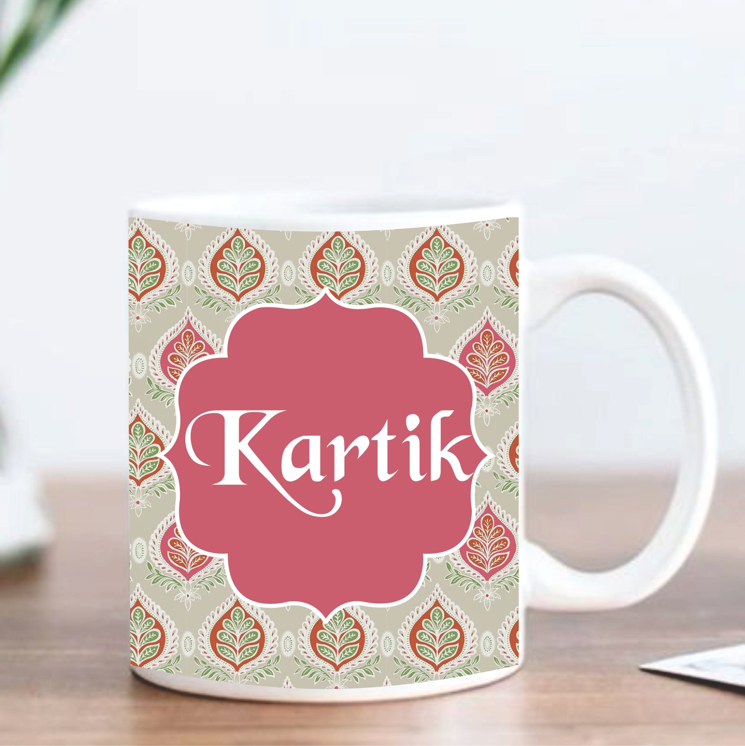 Personalized Coral Pink Paisley Ceramic Mug with Custom Name & Initial | Premium Coffee Mug - Image 2