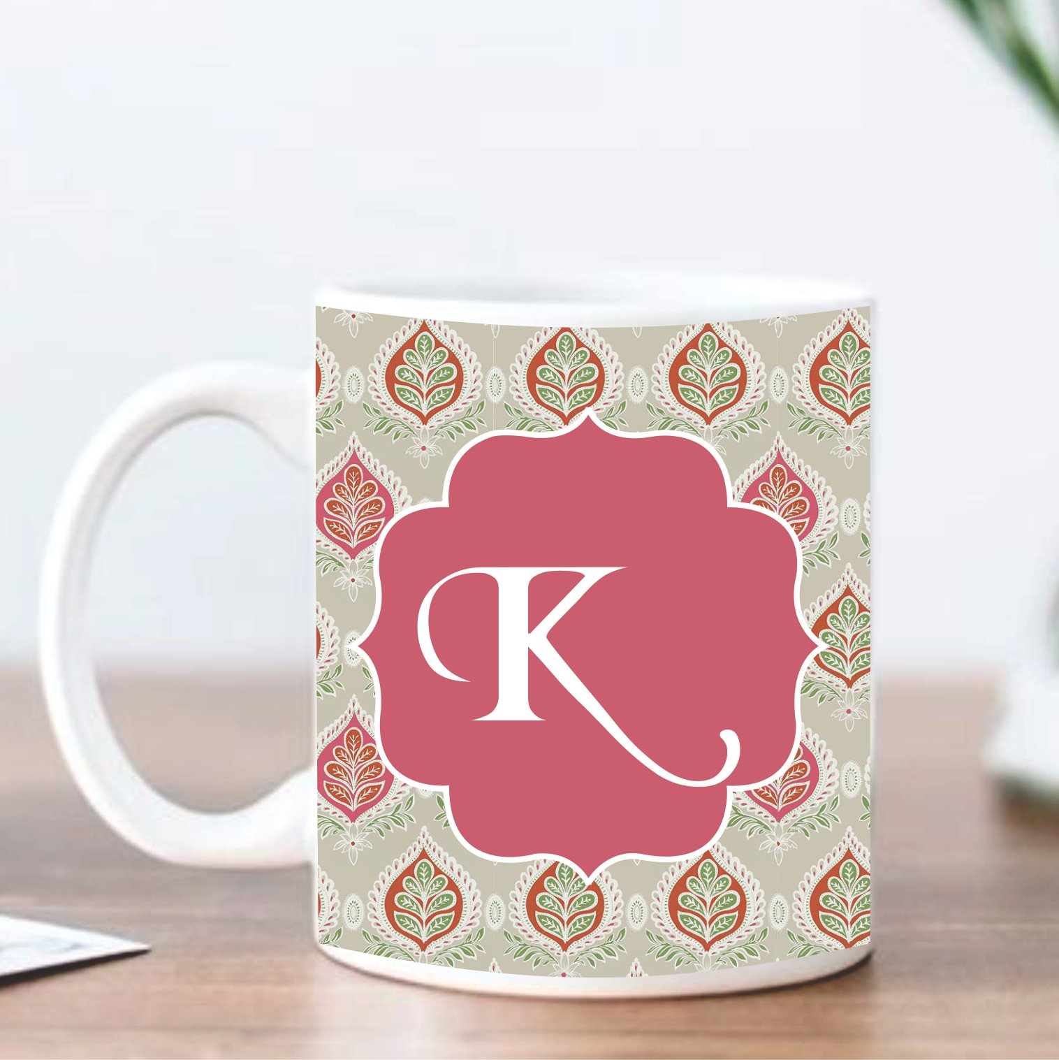 Personalized Coral Pink Paisley Ceramic Mug with Custom Name & Initial | Premium Coffee Mug - Image 3