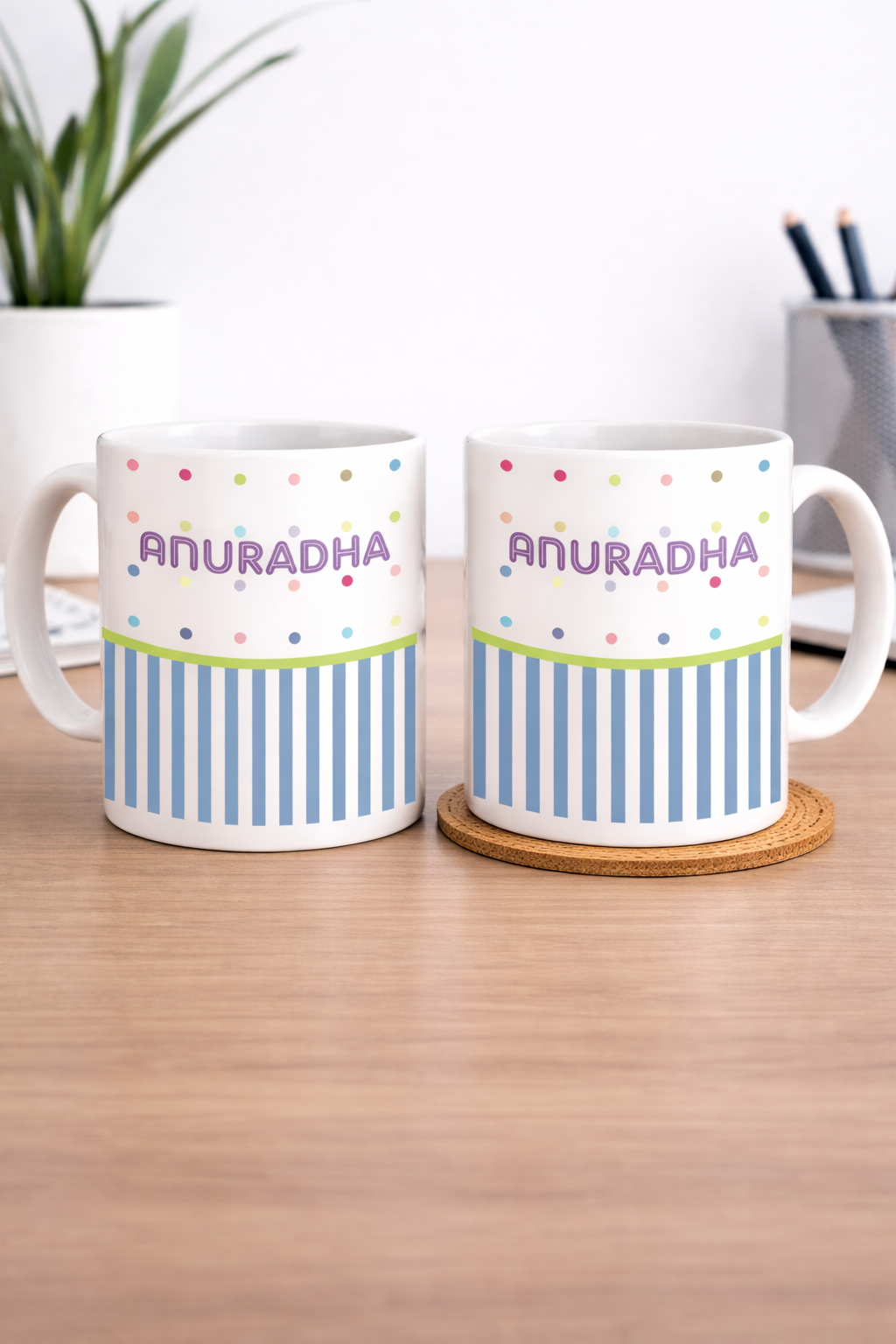 Personalized by Name Coffee Mug with Blue Lines and Multi colored Dots as Base Design