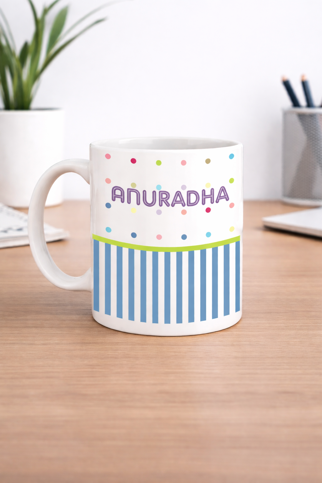 Personalized by Name Coffee Mug with Blue Lines and Multi colored Dots as Base Design - Image 2