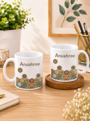Personalized Mosaic Name Ceramic Mug | Custom Printed White Coffee Mug with Geometric Design