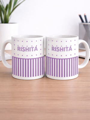 Personalized by Name Coffee Mug with Purple Lines and Purple Dotes as Base Design