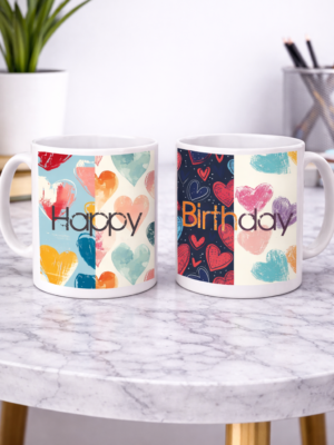 Happy Birthday Coffee Mug with Beautiful Hearts base Design & Personalize by Name