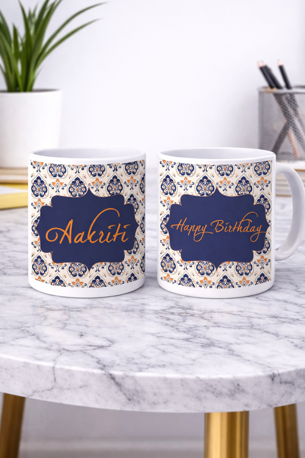 Happy Birthday Coffee Mug with a Wonderful Kalamkari Design & Can be Personalized by Name