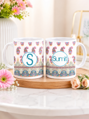 Personalized Paisley Design Ceramic Coffee Mug with Name & Initial | Custom Printed White Mug