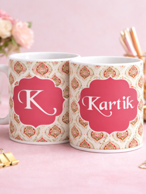Personalized Coral Pink Paisley Ceramic Mug with Custom Name & Initial | Premium Coffee Mug
