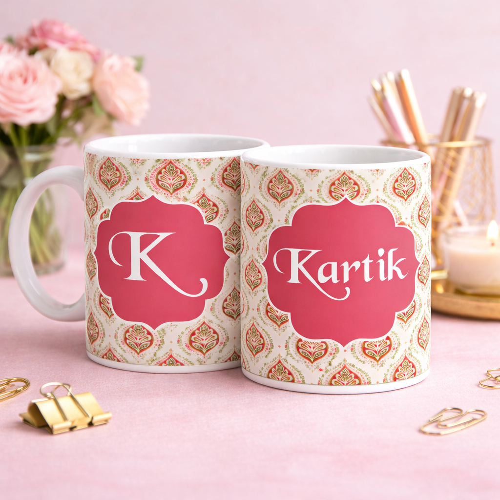 Personalized Coral Pink Paisley Ceramic Mug with Custom Name & Initial | Premium Coffee Mug