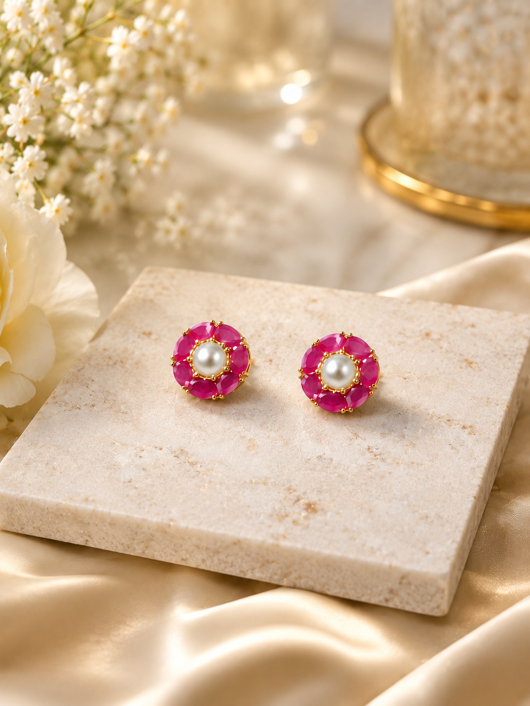 Elegant Gold-Tone Pink Floral Pearl Stud Earrings for Women - Image 2