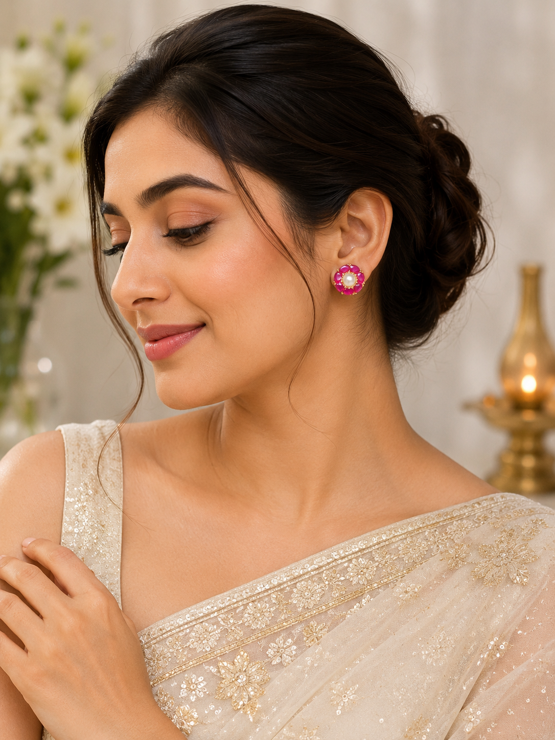 Elegant Gold-Tone Pink Floral Pearl Stud Earrings for Women - Image 3