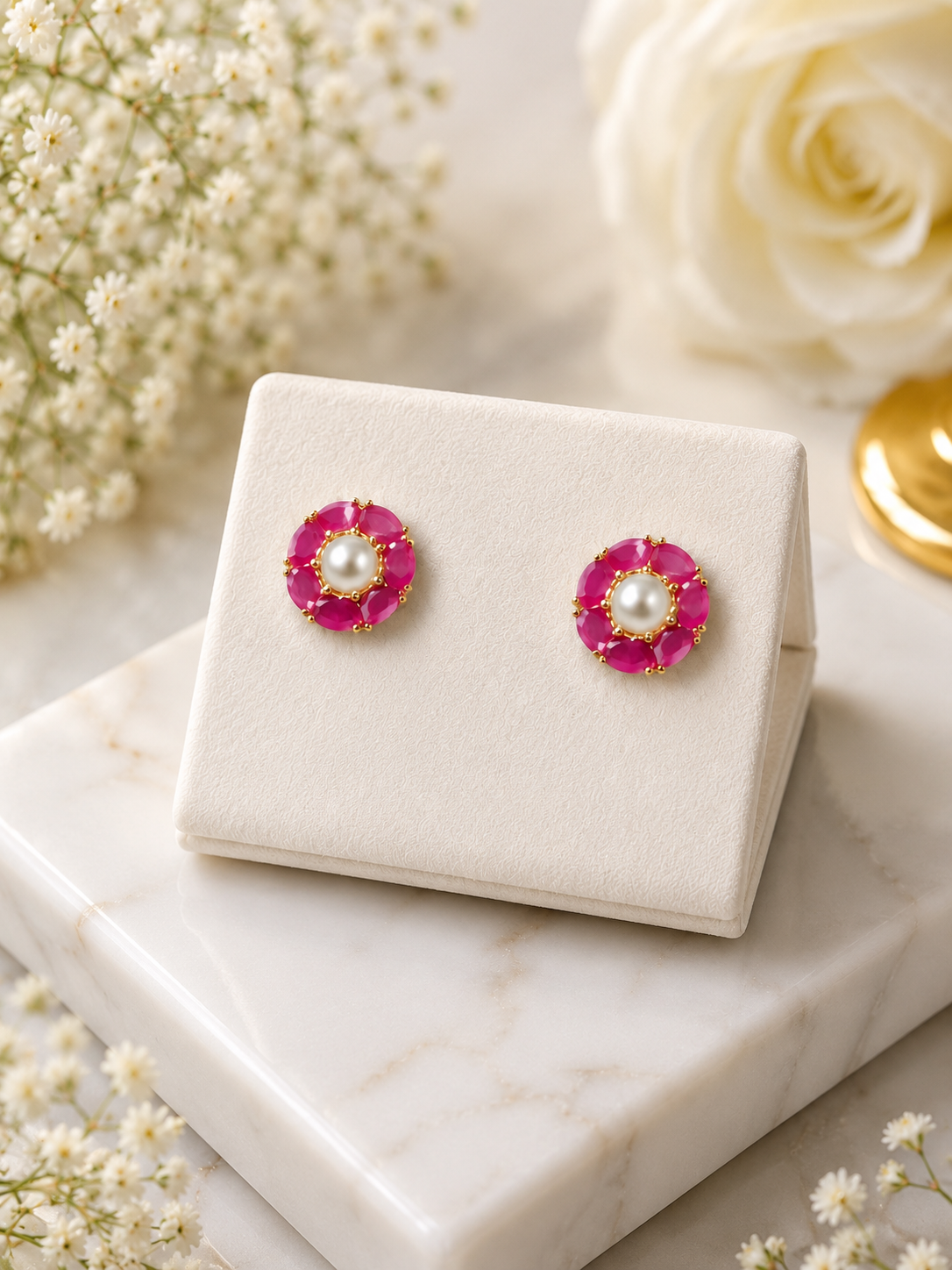 Elegant Gold-Tone Pink Floral Pearl Stud Earrings for Women