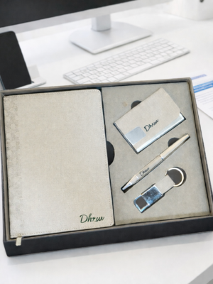 Premium Light Grey Executive Gift Set with Notebook, Card Holder, Pen & Keychain | Personalized Corporate Gift