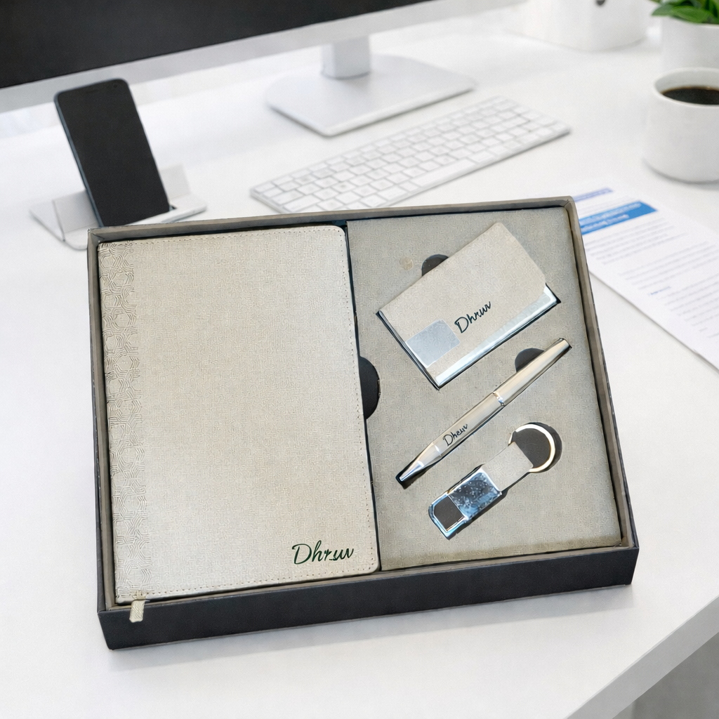 Premium Light Grey Executive Gift Set with Notebook, Card Holder, Pen & Keychain | Personalized Corporate Gift