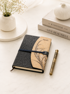 A Set of Notebook in Black Jute Cover and a Metal Pen with Om Embossed