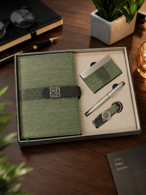 Premium Olive Green 4-Piece Executive Gift Set – Notebook, Card Holder, Pen & Keychain