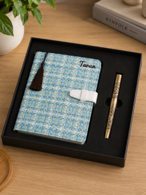 Gift Set of a Notebook with Sky Blue Jute Cover & a Metal Pen with OM Embossed on it
