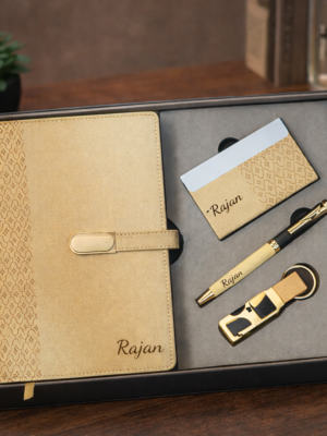 Premium Gold Beige 4-Piece Executive Gift Set – Personalized Notebook, Card Holder, Pen & Keychain