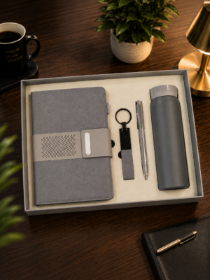 Premium Grey Executive Gift Set – Notebook, Vacuum Bottle, Pen & Keychain