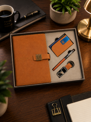 Premium Tan Brown Executive Gift Set with Notebook, Card Holder, Pen & Keychain | Personalized Corporate Gift