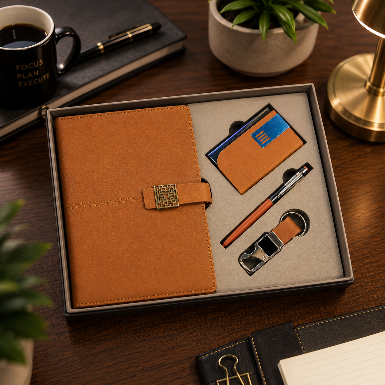Premium Tan Brown Executive Gift Set with Notebook, Card Holder, Pen & Keychain | Personalized Corporate Gift - Image 2