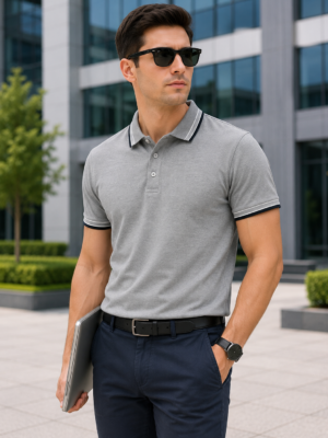 100% Cotton Grey Melange Polo T-Shirt with Jacquard Collar & Sleeve Rib | Premium Corporate Polo T-Shirt