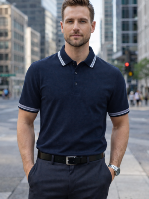 Premium Navy Blue 100% Cotton Polo T-Shirt with Grey Jacquard Collar & Sleeve Rib | Corporate Polo T-Shirt