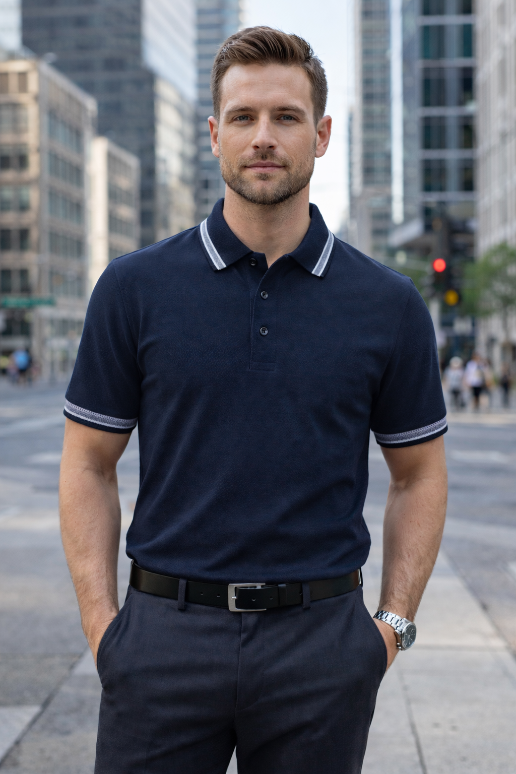 Premium Navy Blue 100% Cotton Polo T-Shirt with Grey Jacquard Collar & Sleeve Rib | Corporate Polo T-Shirt