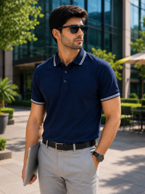 100% Cotton Navy Blue Polo T-Shirt with White Double Tipping | Premium Corporate Polo T-Shirt