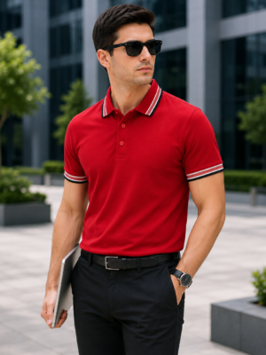 Premium Red 100% Cotton Polo T-Shirt with Grey Jacquard Collar & Sleeve Rib | Corporate Polo T-Shirt