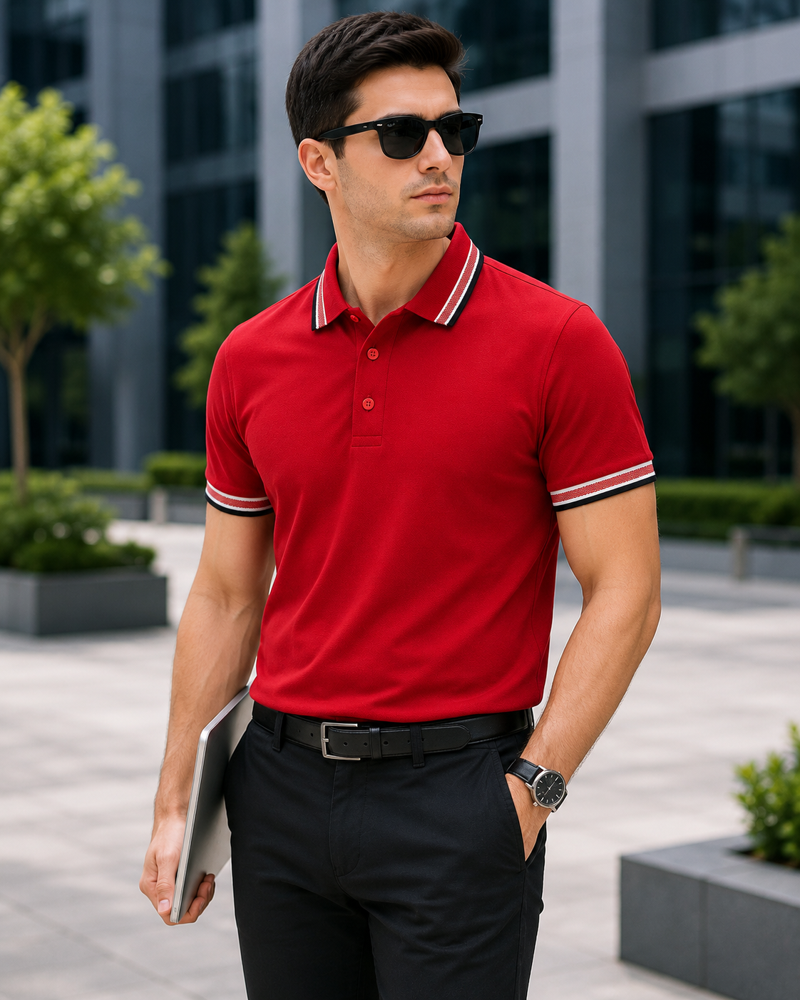 Premium Red 100% Cotton Polo T-Shirt with Grey Jacquard Collar & Sleeve Rib | Corporate Polo T-Shirt
