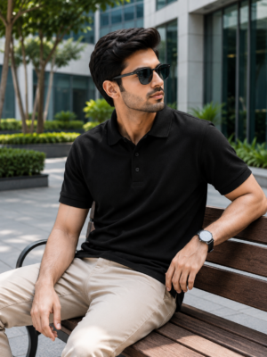 Solid Black Cotton Polo T-Shirt