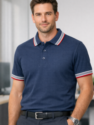 Premium Stone Blue 100% Cotton Polo T-Shirt with Grey & Red Jacquard Collar & Sleeve Rib | Corporate Polo T-Shirt