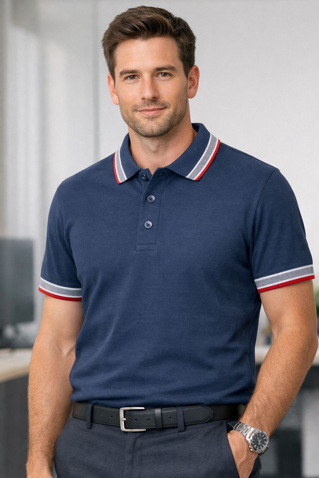 Premium Stone Blue 100% Cotton Polo T-Shirt with Grey & Red Jacquard Collar & Sleeve Rib | Corporate Polo T-Shirt