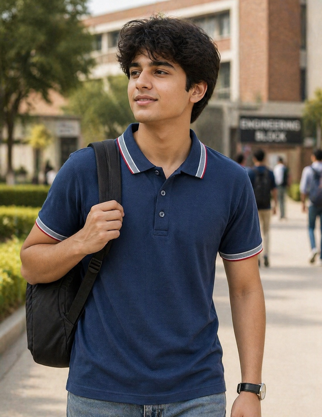 Premium Stone Blue 100% Cotton Polo T-Shirt with Grey & Red Jacquard Collar & Sleeve Rib | Corporate Polo T-Shirt - Image 2