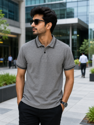 100% Cotton Grey Melange Polo T-Shirt with Black & White Double Tipping | Premium Corporate Polo T-Shirt