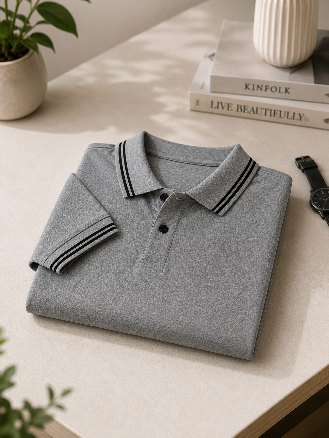 100% Cotton Grey Melange Polo T-Shirt with Black & White Double Tipping | Premium Corporate Polo T-Shirt - Image 3