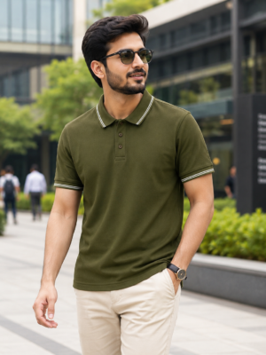100% Cotton Olive Green Polo T-Shirt with White Double Tipping | Premium Corporate Polo T-Shirt
